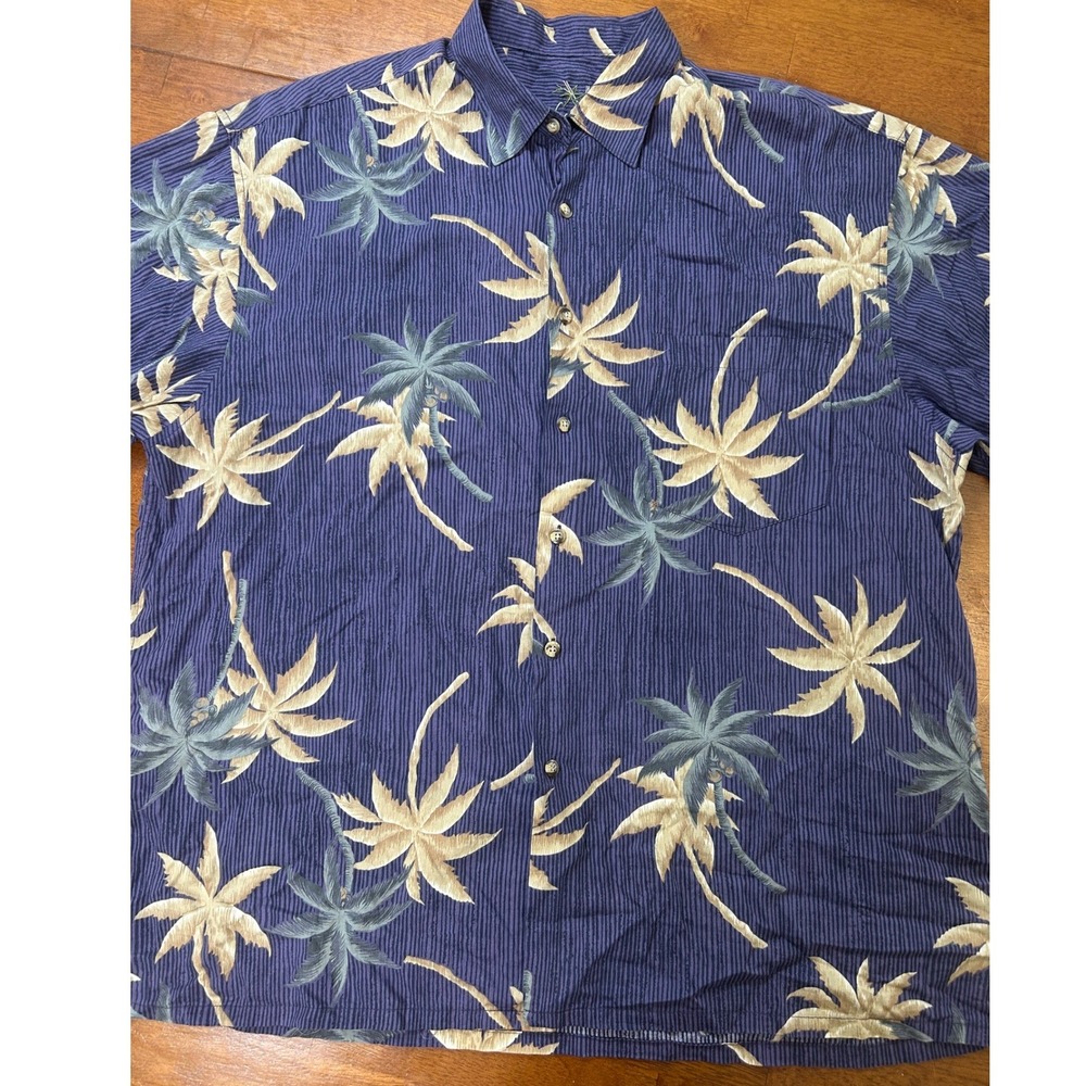 Bamboo Cay Button Down Shirt Mens L Blue Palm Tree Tropical Cotton Modal Blend